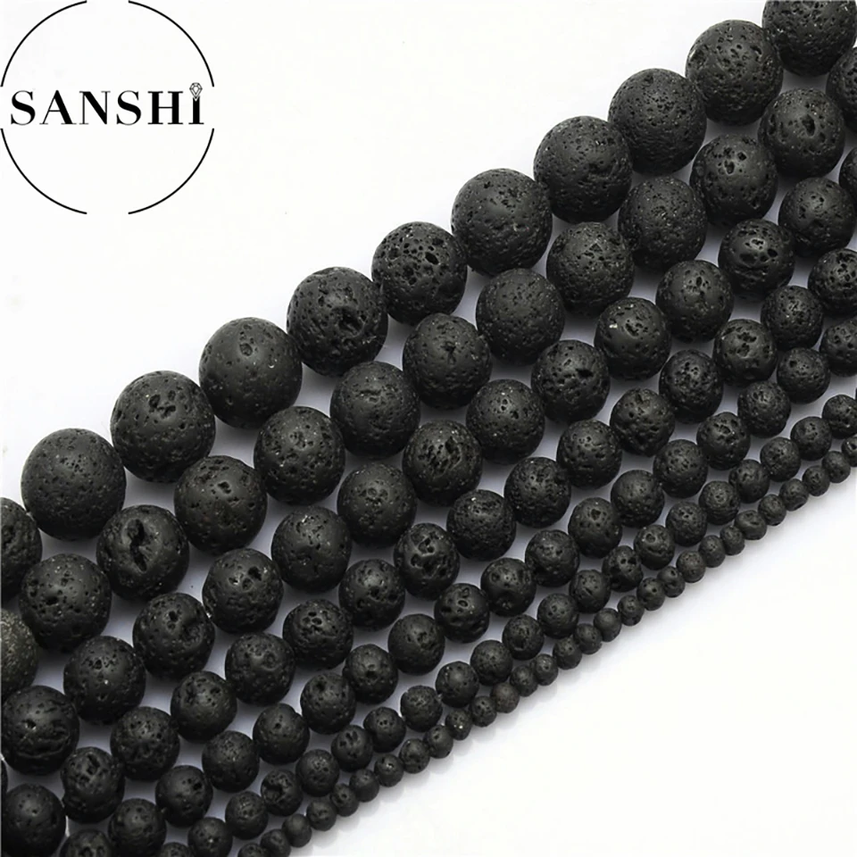 

SANSHI Wholesale 4-10mm Natural Black Volcanic Lava Stone Round Beads For Jewelry Making diy Bracelet Accessories Natural Stone