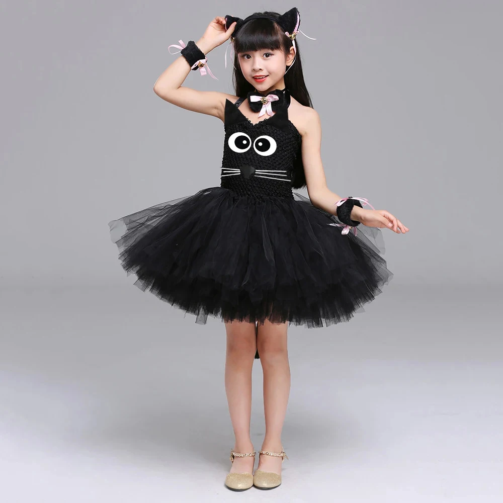 

Kitty Tutu Dress Outfit For Kids Black Cat Animal Halloween Costumes Toddler Baby Girls Fancy Performance Birthday Party Dress