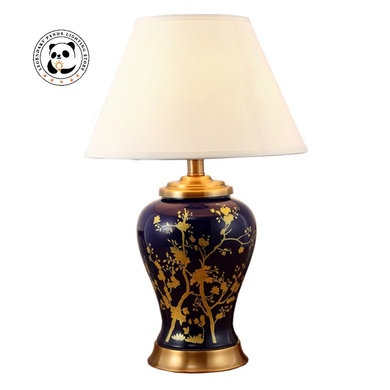 

Retro Black Gold Glazed Ceramic Table Lamp LED Metallic Luster Copper Base E27 Fabric Lampshade Room Decoration Bedroom Bedside