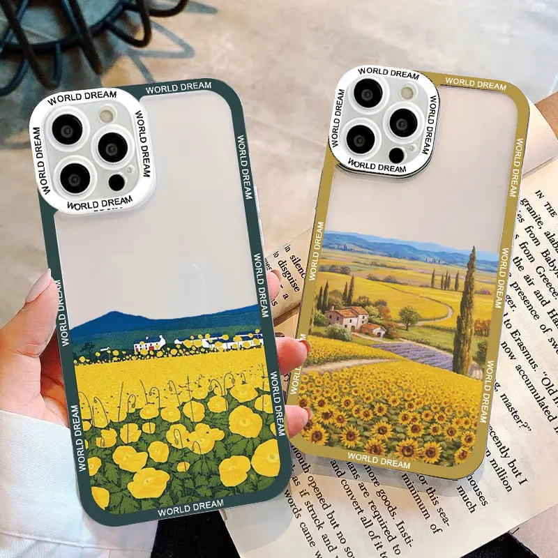 Custodia Per Telefono Trasparente Dipinta Con Paesaggi Rurali Retrò Per Iphone X Xs Xr 7 8 Plus 14 12 13 11 Pro Max Large Flower Fields Log Cabin Cove