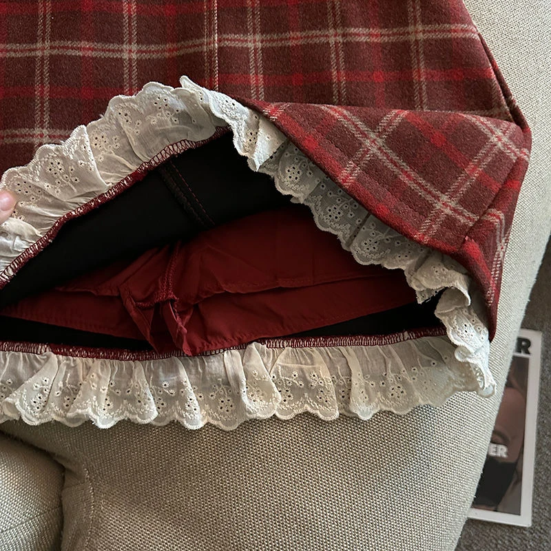 Lace Patchwork Plaid Mini Skirts Women Fall Winter High Waist No Belt Faux Wool Skirts Y2K Fashion Preppy All Match A Line Skirt
