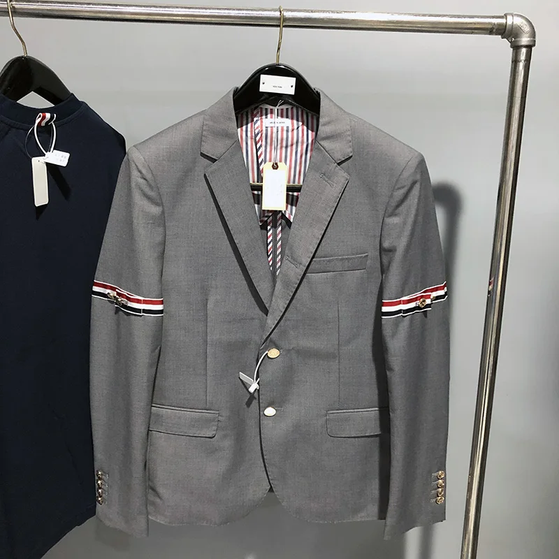 TB style classic double-sleeved red, white and blue striped gold button high waist short jacket casual suit small suit