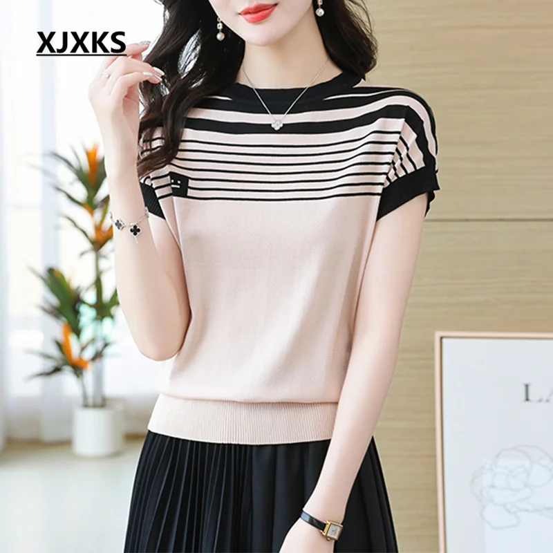 

XJXKS Round Neck Short-sleeved Striped Top 2023 Summer New High-quality Bat Sleeve Women's Mulberry Silk Knit T-shirt