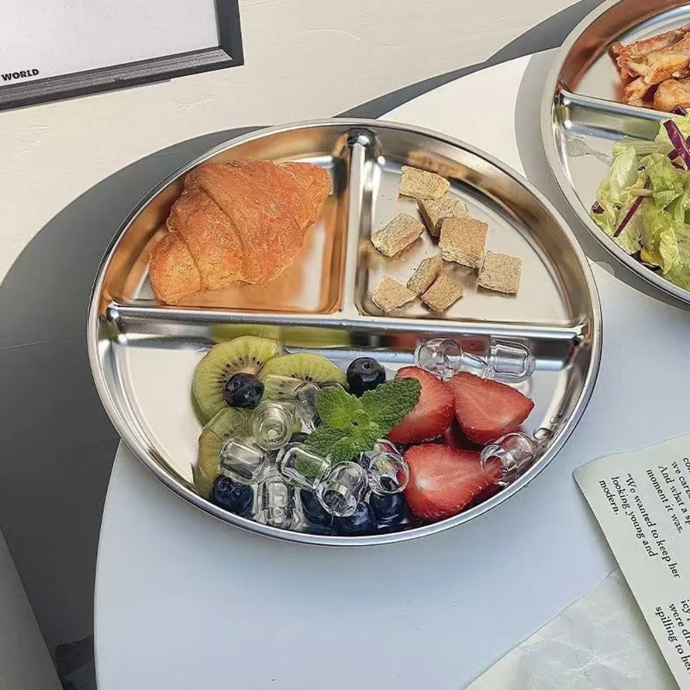 304 Stainless Steel Portion Control Plates Round Reusable Divided Plates 9" inch Salad Barbecue Plate for Adults Kids