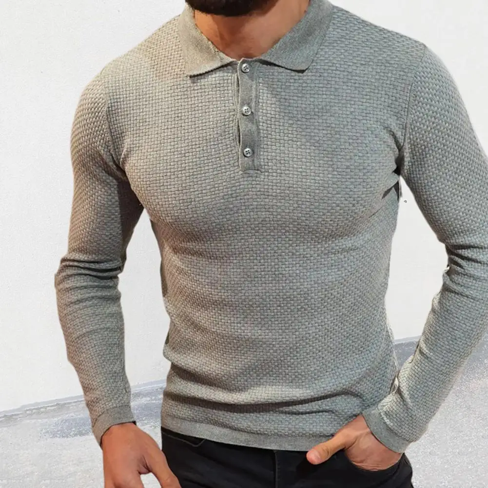 

Button Decorated Men Knitted Top Men's Autumn Winter Knit Tops Lapel Buttons Solid Color Long Sleeve Waffle Texture for Stylish