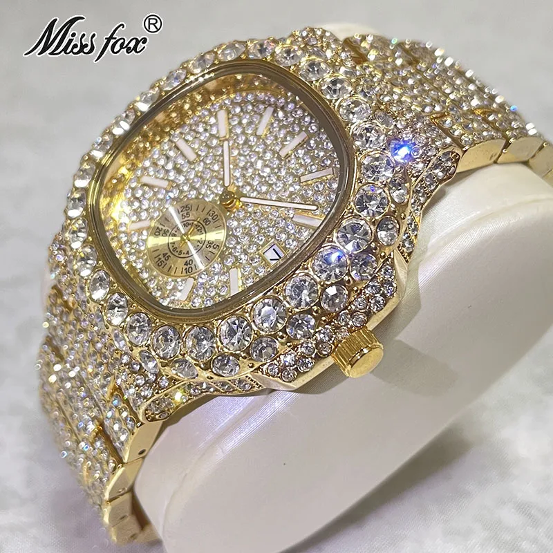 Hip Hop Brand MISSFOX Fashion Iced Out Watches Men Luxury Full Diamond 18K Gold Automatic Date Clock Steel Waterproof Watch Male luxury automatic mechanical watch men hip hop brand missfox steel full iced diamond jewelry gold wristwatch fashion man 2023 new