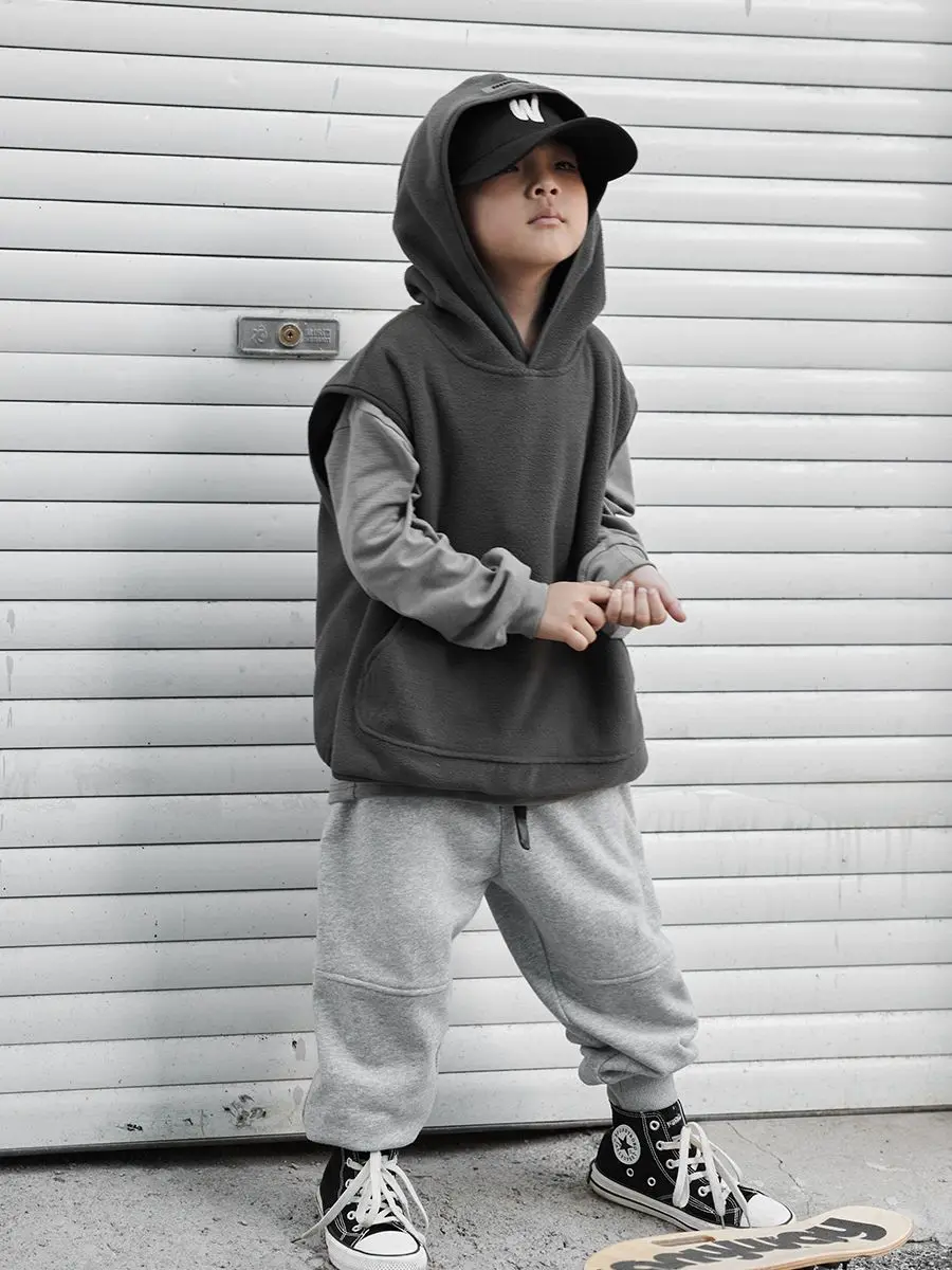 childre Versatile Sport Sleeveless Pocket Hoodie Vest Spring Autumn Warm Boys Solid Color Loose Casual Kids Top waistcoat street