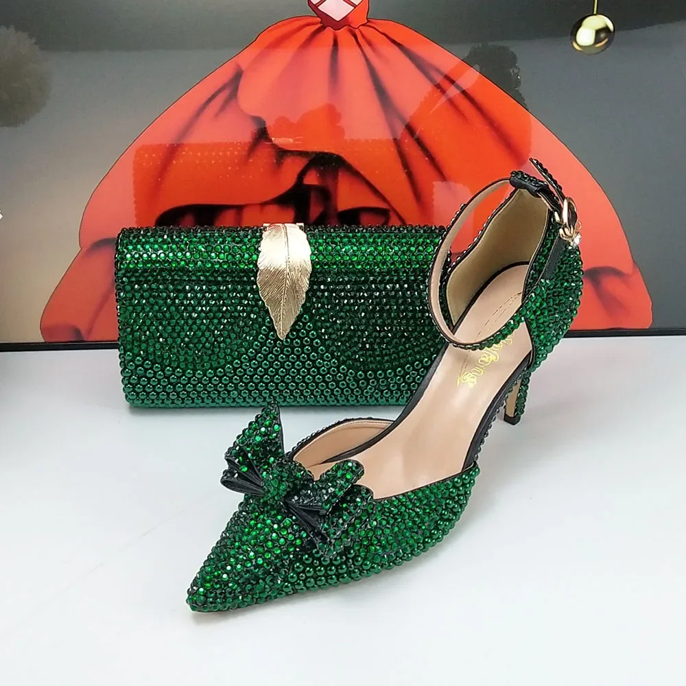 

New Green Crystal Bridal wedding shoes and Bag Ladies Elegant Party Shoes Ankle Strap Sandals High Pupms and Handbag