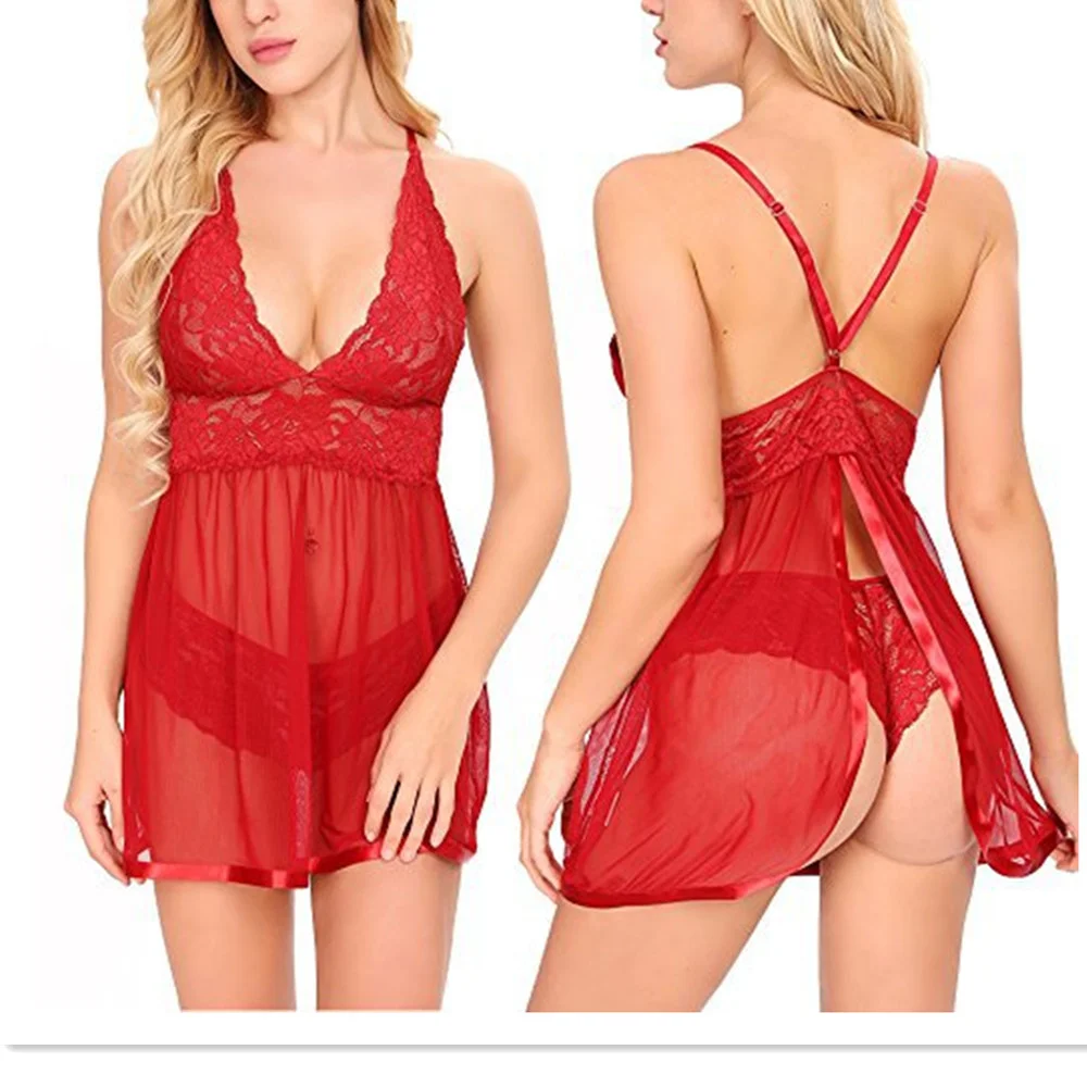 Fashion Sexy Lingerie Dress Women Silk Robe Lace Solid Red Blue Nightdress Nightgown Sleepwear