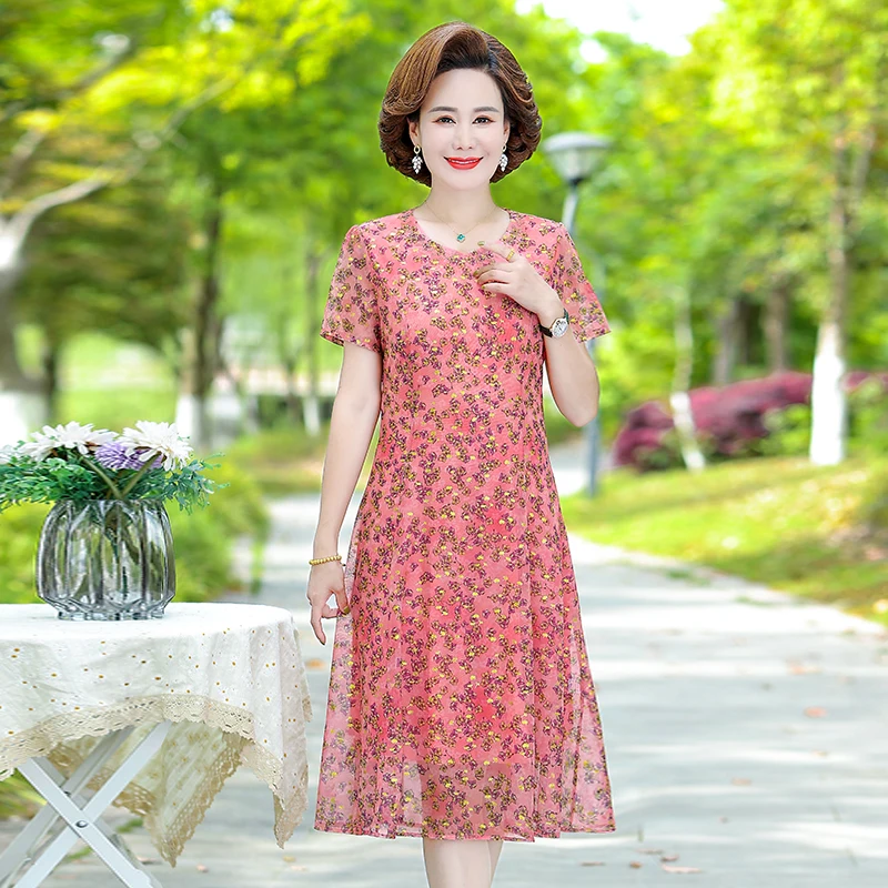 

Middle-aged Elderly Dress Women Summer 40-year-old Flower Printed Dress Casual Mid-length Dress Mid-length Mesh Vestidos