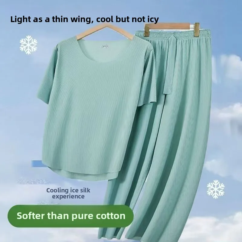 Girls Ice Silk Sleepwear Set Ladies Summer Short Sleeve Casual Home Clothes Breathable Comfortable Polyester Fiber round Neck... - 3