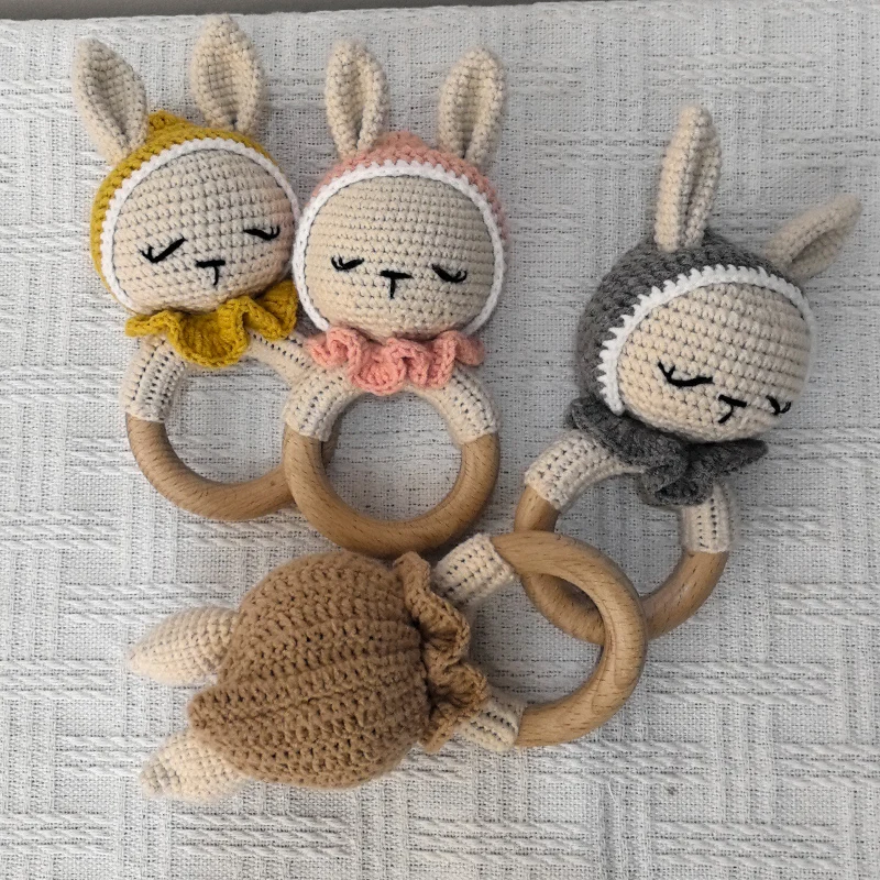 Baby Wooden Teether Crochet Cartoon Bunny Baby Rattle Toys Wooden Ring Rodent Toys Mobile Gym Kids Newborn Educational Toys Hand 6