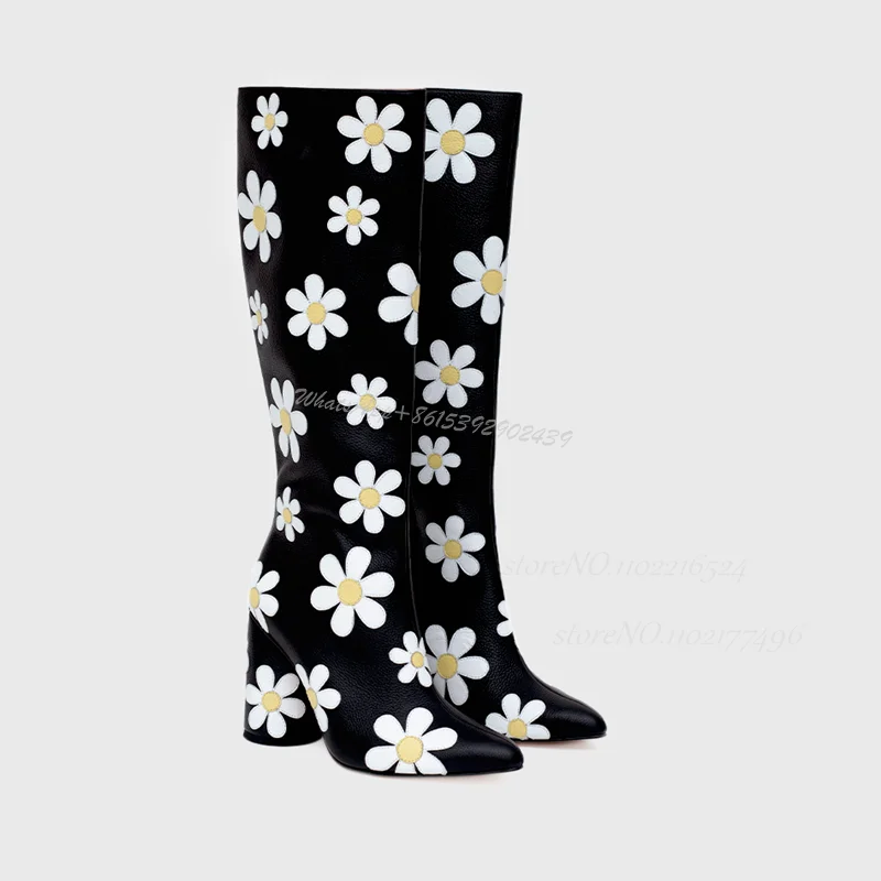 

Graffiti White Sunflower Black Leather Boots Women Cute Hot Chick Booties Printed Totem Chunky Heel Casual Straight Spring Shoes