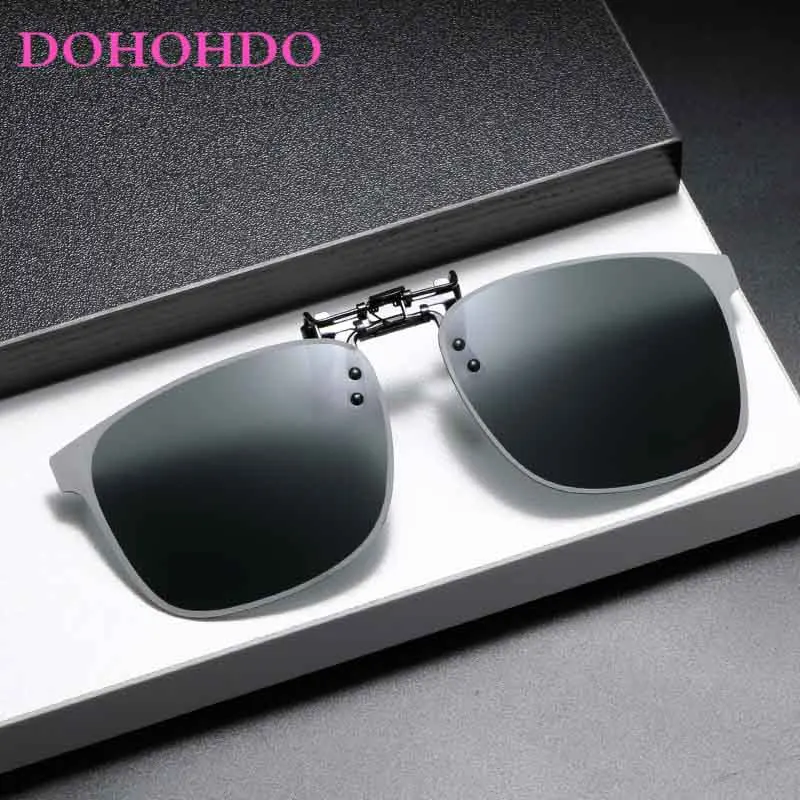 Men's Metal Photochromic Polarized Clip On Sunglasses Women Square Flip Up Day Night Sun Glasses