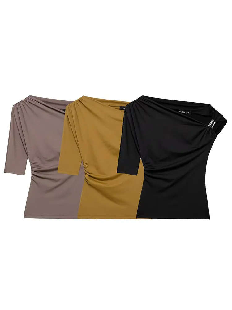 HH Women Off Shoulder Asymmetrical Top Vintage Solid Pleated Slim Short Sleeve T-Shirts 2025 New Summer Lady Sexy Chic Tops