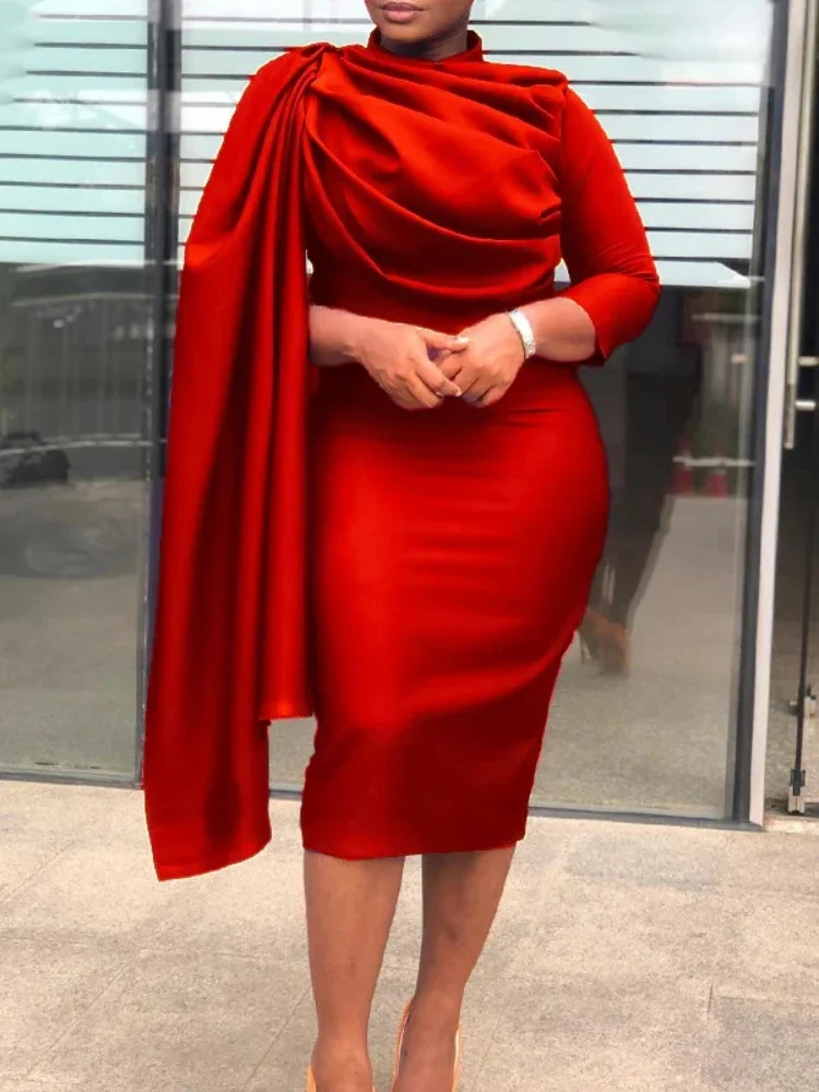 

Fashion Women Long Sleeved Bodycon Party OL Dresses 2024 Spring Fall Elegant Solid Color Patchwork Ruched Pencil Midi Dress