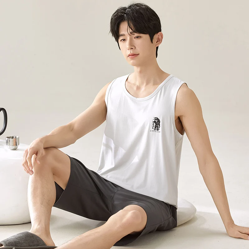 2025 신상 남성 모달 나이트웨어 여름 얇고 부드러운 홈웨어 청년 남성 민소매 수면 상의 & 하의 파자마 세트 남성 잠옷