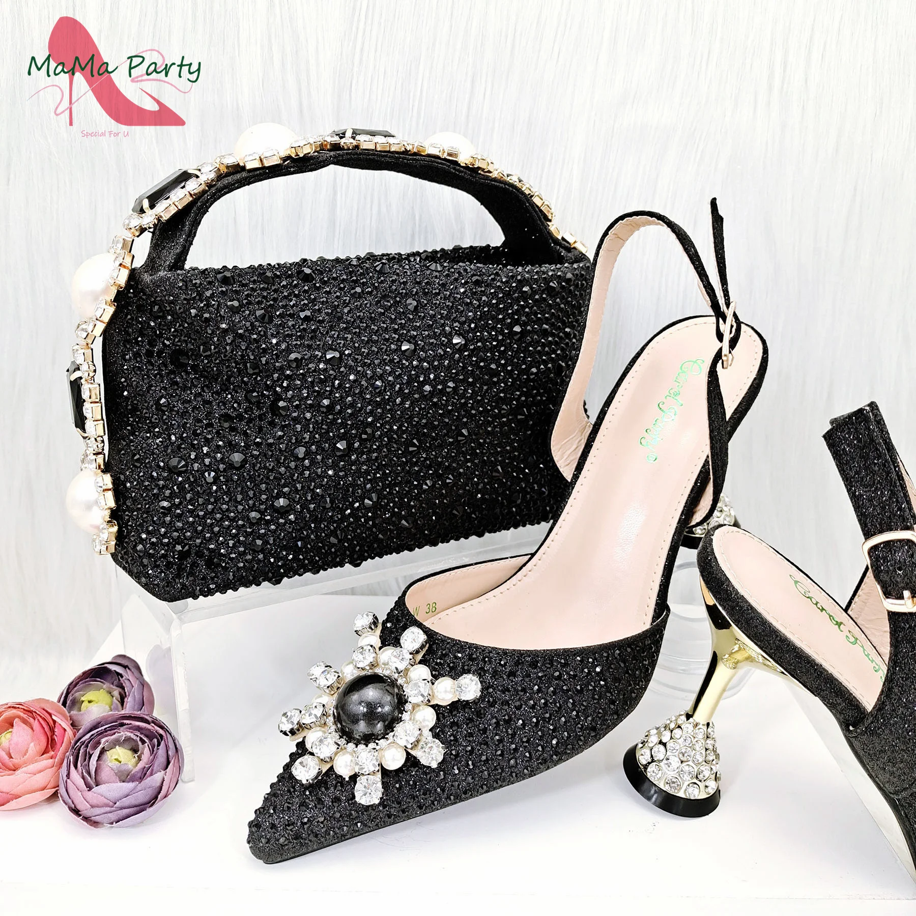 

INS Special Design Mature Style Slingback in Black Color Pointed Toe Italian Ladies Shoes and Bag Set for Women