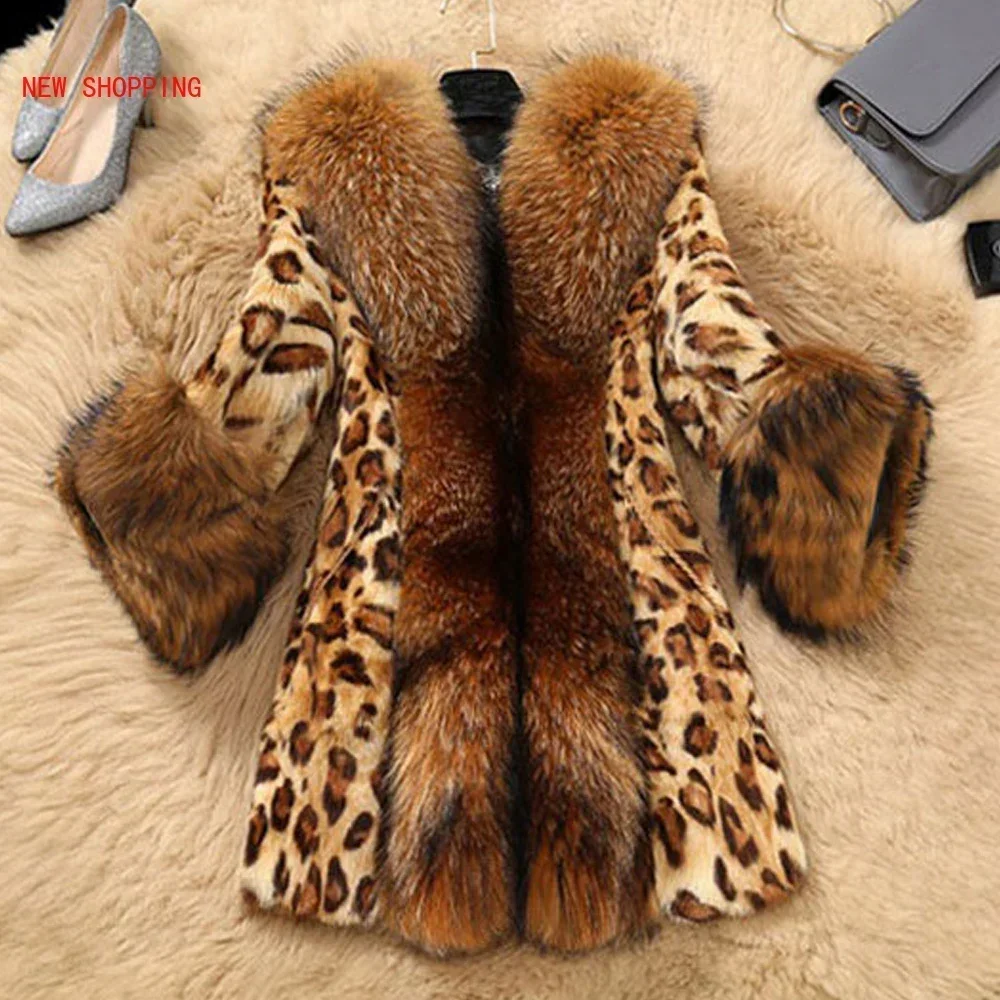 Elegant Coat Winter Faux Fur Women Leopard Print Coat Plus Size Raccoon Fur Warm Thicken Luxury Coats Woman Loose Outwear 4XL women parka warm faux fur jackets coats oversize winter short faux fur coat loose o neck coat oversized outwear casaco feminino