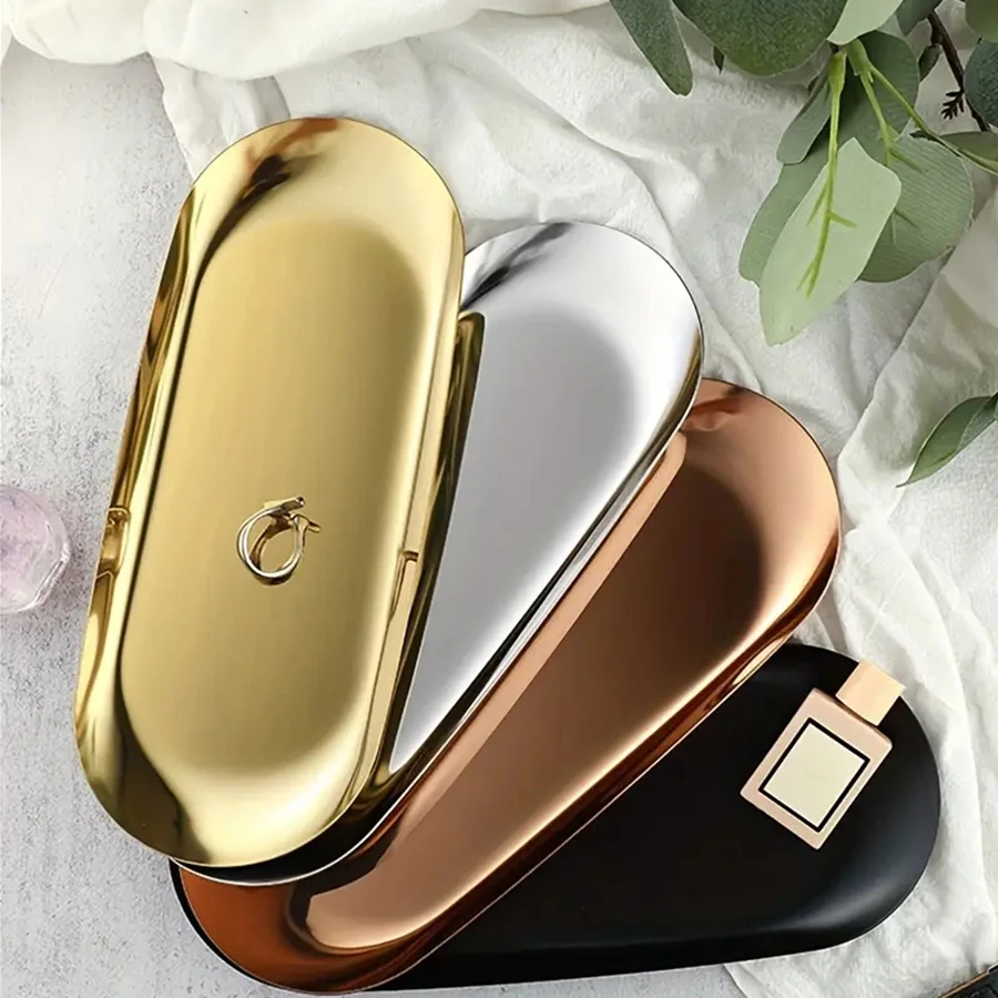 Cosmetic Jewelry Storage Tray Stainless Steel Decorative Organizer Oval Vanity Tray Home Decor