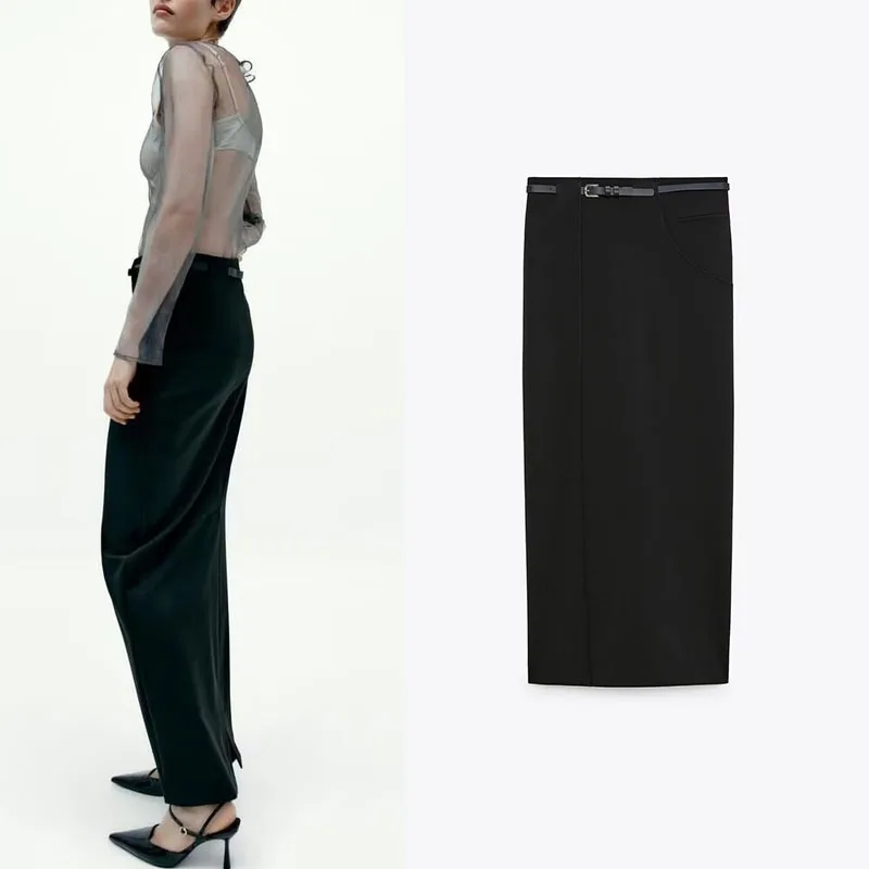 

Spring New Women's Clothing European and American style black classic all-match high waist slimming skirt with belt