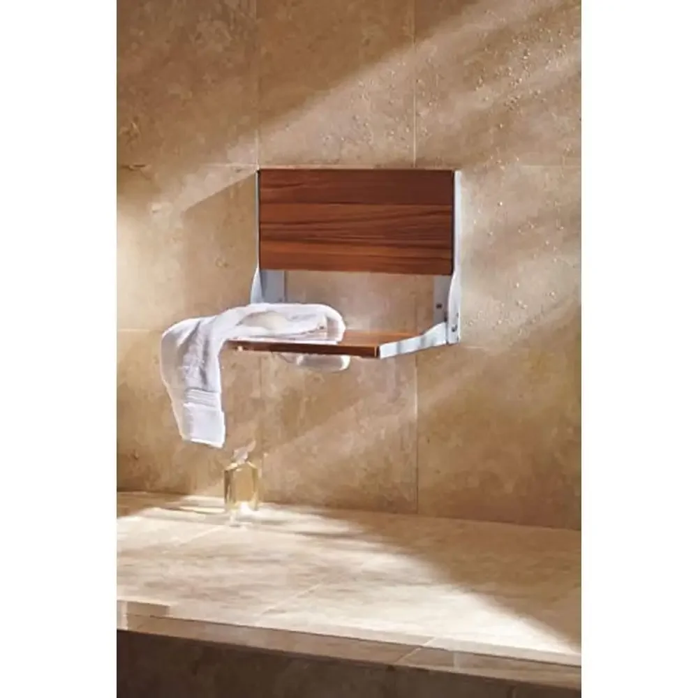 Home Care Teak Wood Aluminum Folding Shower Seat Wall Mounted Bench Bathroom Safety Furniture DN7110 Easy Installation Brushed 2
