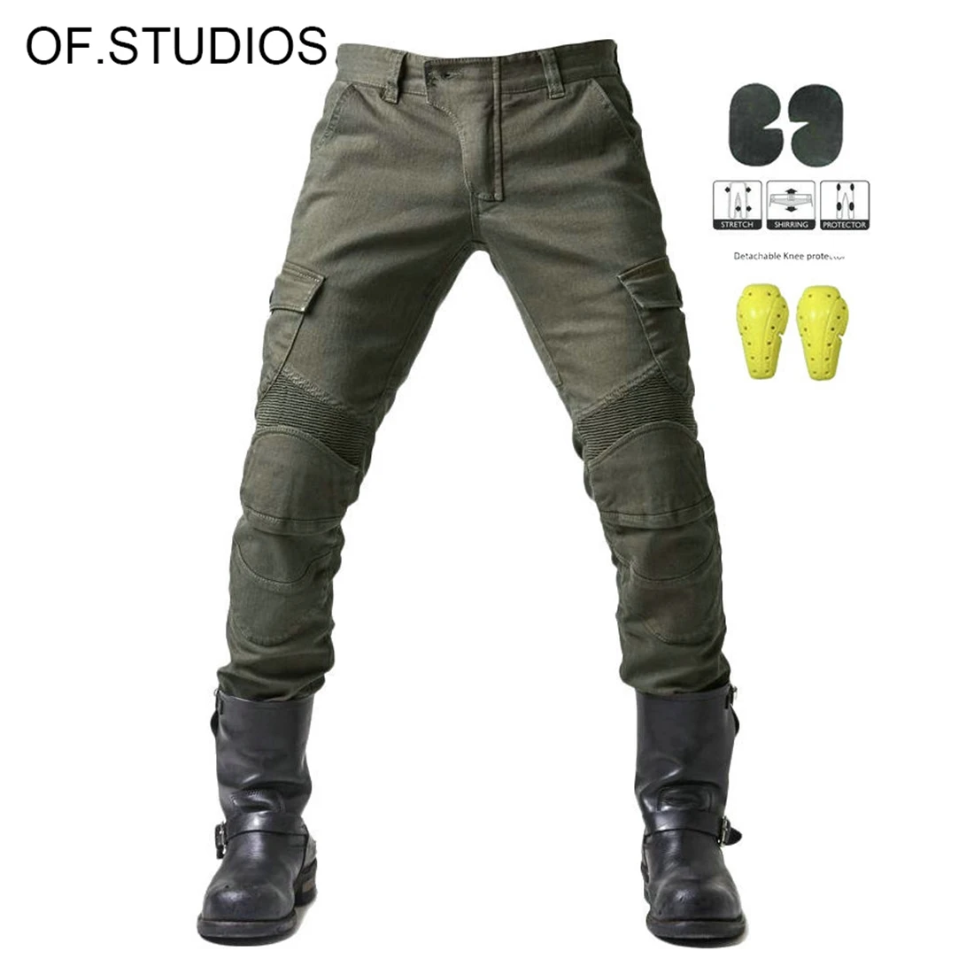 

OF.STUDIOS High Quality Riding Summer Motorbike Fall Protection Rider Stretch Denim Army Green Racing Trousers For Men