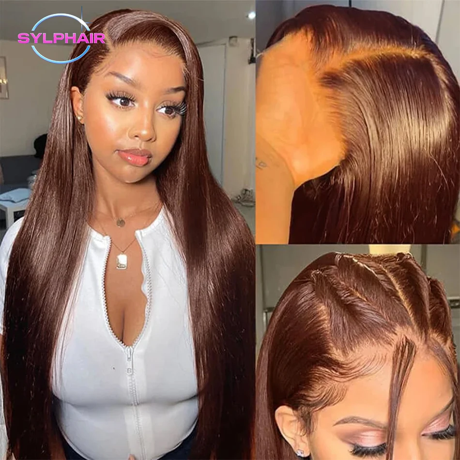 13x6 HD Chocolate Brown Straight Lace Front Wigs Human Hair 30 Inch 200% HD Transparent Lace Frontal Wig Brown Wigs For Women 3