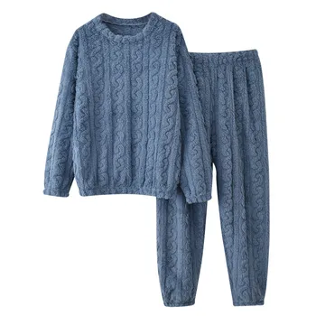 Coral Fleece Sleepwear 2 Piece Set Men Women Autumn Winter Warm Flannel Pajamas Suits Solid Color Pullovers Tops+Trousers Suit 1