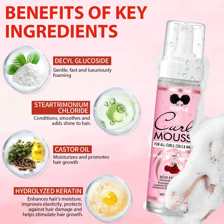 GOIPLE 237ml Natural Rose Extract Curl Mousse Defining Shine Hydrates Control Frizz Wave Enhance Curls Texture Hair Styling Foam