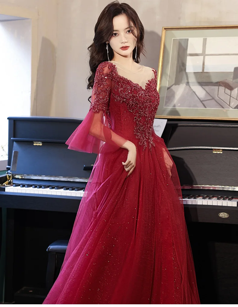 party gown Wine Red Evening Dresses For Wedding 2021 Elegant O-neck A-line Floor-length Tulle Long Sleeve Prom Gowns With Appliques black evening gowns