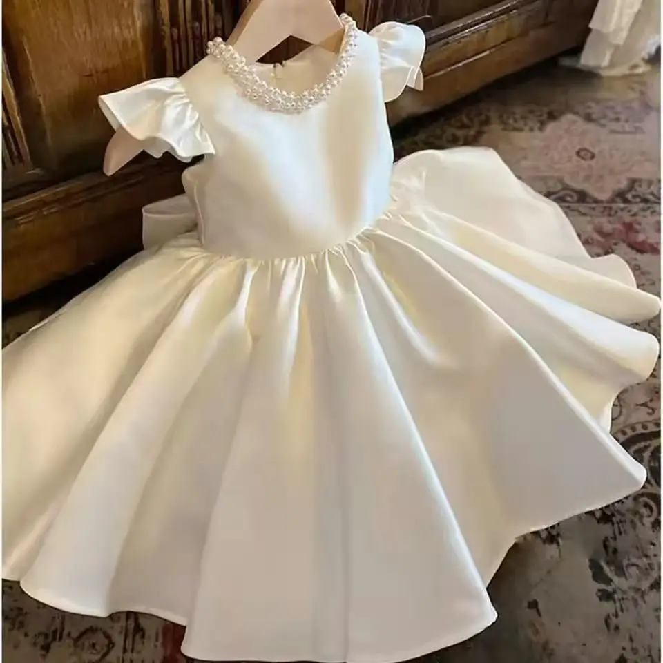 Princess Elegant smocked Cotton Kids Girls Solid Handmade dress