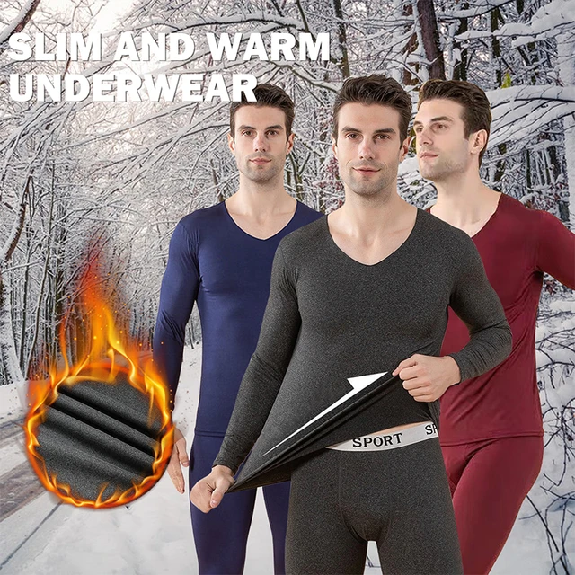 Mens Thermal Underwear Men Winter Pajamas Set Warm Fleece Lined