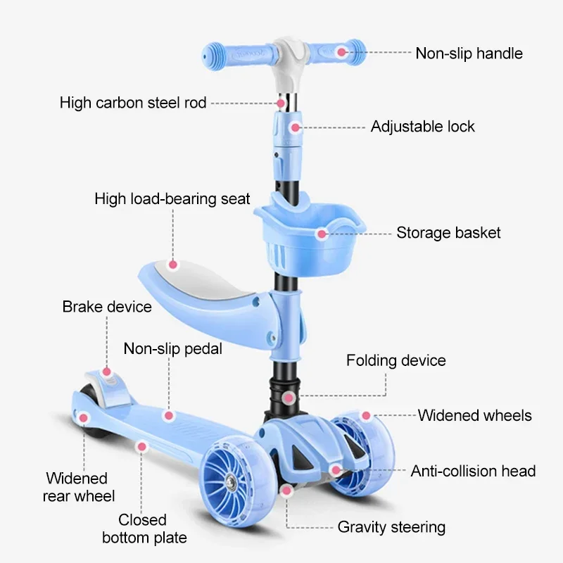 3 in1 Children's Kick Scooter 3 Wheels Folding Baby Flash Rideable and Slippery Scooter with Adjustable Handlebar for Children
