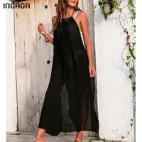 INGAGA Halter Women’s Dress Backless Tunics Sexy See Through Beach Cover Up 2022 Solid Mesh Beach Outing Suit Side Slit Dress