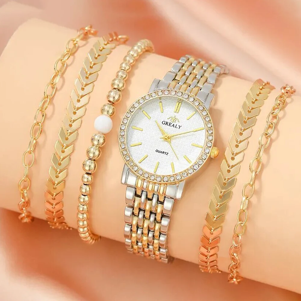 6pcs Women's Watch Casual Stainless Steel Strap Material Quartz Watch and Jewelry Bracelet Set 2