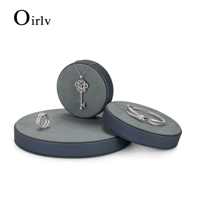 Oirlv 럭셔리 서클 PU 가죽 주얼리 디스플레이 트레이, 마이크로 화이버 주얼리 카운터 전시 트레이 목걸이 팔찌 링
