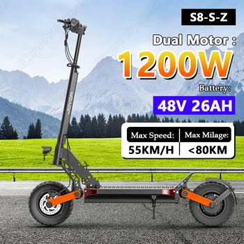 Monopattino elettrico JOYOR -S8-S-Z 1200W con doppio motore, batteria 48V26AH, velocità massima 55km/h, autonomia massima 80km, per spostamenti quotidiani in città.