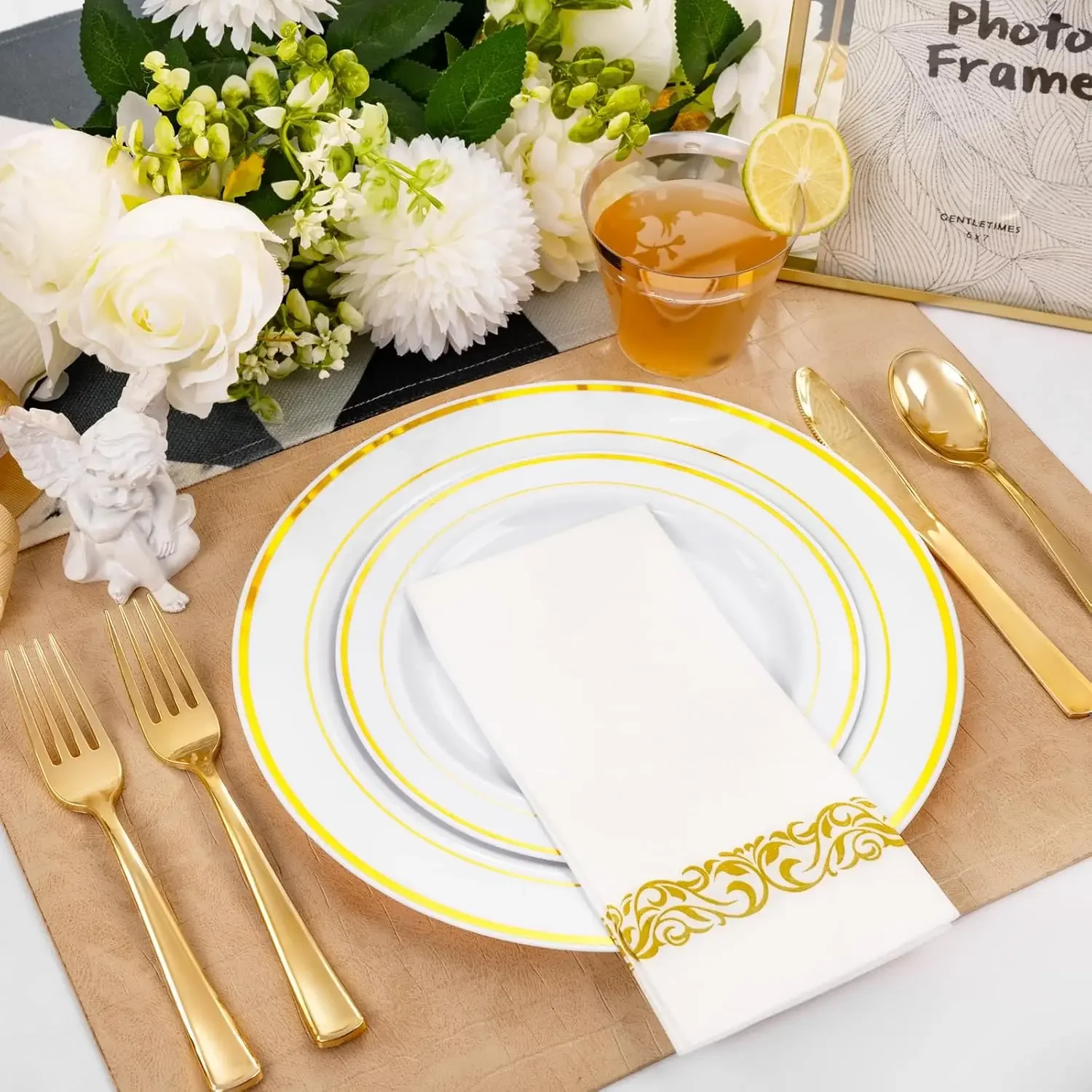 350PCS Gold Plastic Dinnerware Set-Gold Plastic Plates Disposable for 50 Guests Include 50 Dinner Plates,50 Dessert Plates