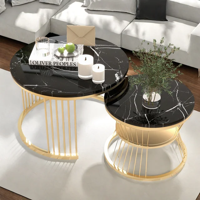 Anajqaqia Table basse, lot de 2, table basse moderne à poser l'une sur l'autre, table de salon, table de canapé, structure en métal, ronde, noire 1