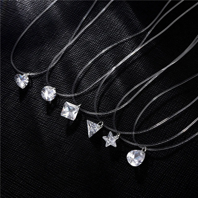 Simple Women Chocker Invisible Chain Transparent Fishing Line Necklace  Crystal Rhinestone Choker Necklace Pendant On Line Neck