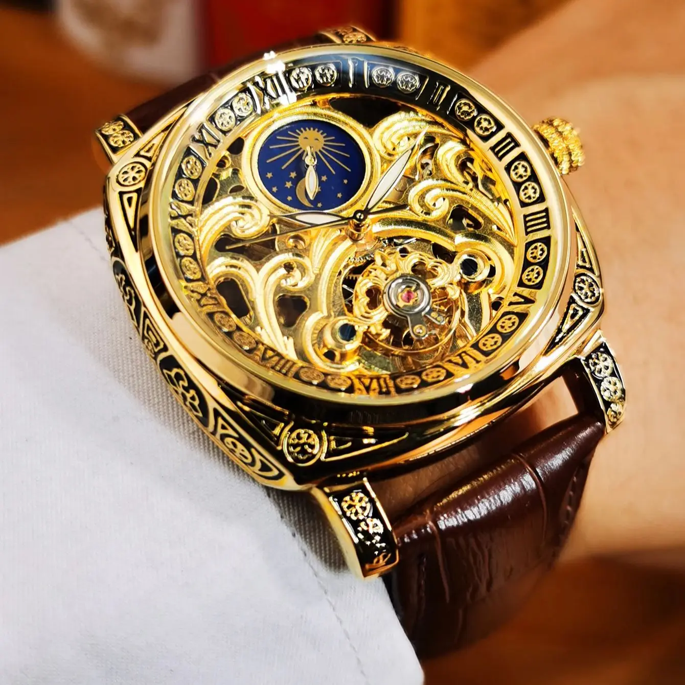 Vintage Square Tourbillon Mechanical Watches Luminous Hands Leather Strap Business Skeleton Automatic Mens Watch_voghion.com