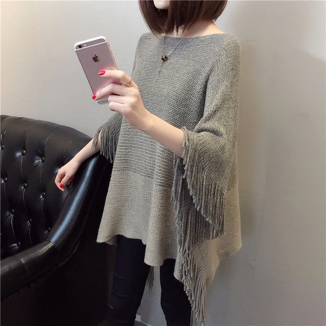 Spring Autumn New Women's Shawl Tassel Large Knitted Cloak  Blouse Air Conditioning Blouse Pullover Cloak Kakhi