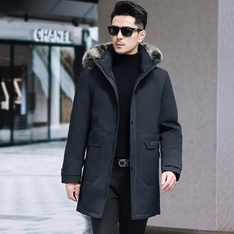 thumbnail image 1 of Chaqueta larga con cuello de piel de zorro sintética para hombre, ropa de diseñador para hombre, chaqueta de invierno con relleno de pato de lujo para hombre, abrigo de invierno cálido para hombre, 1 of 5