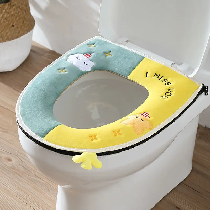 【Happier】 Cute Cartoon Bathroom Toilet Seat Cover Universal Thickened Plush Toilet Cushion Overcoat Zip Toilet Case Mat Household Supplies. 