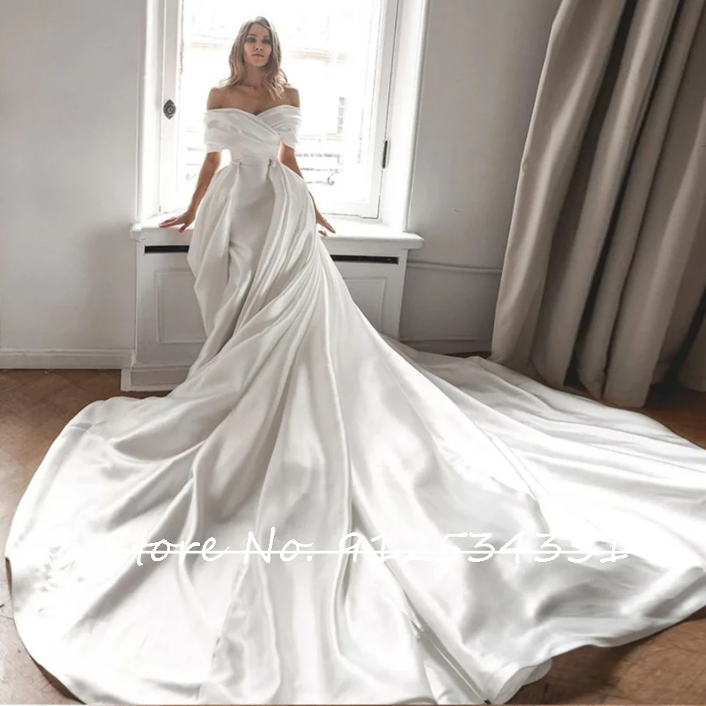 Vestidos De Novia Satin Mermaid Wedding Dresses with Detachable Train Classic Robes De Mariage Off the Shoulder Simple Trouwjurk 2