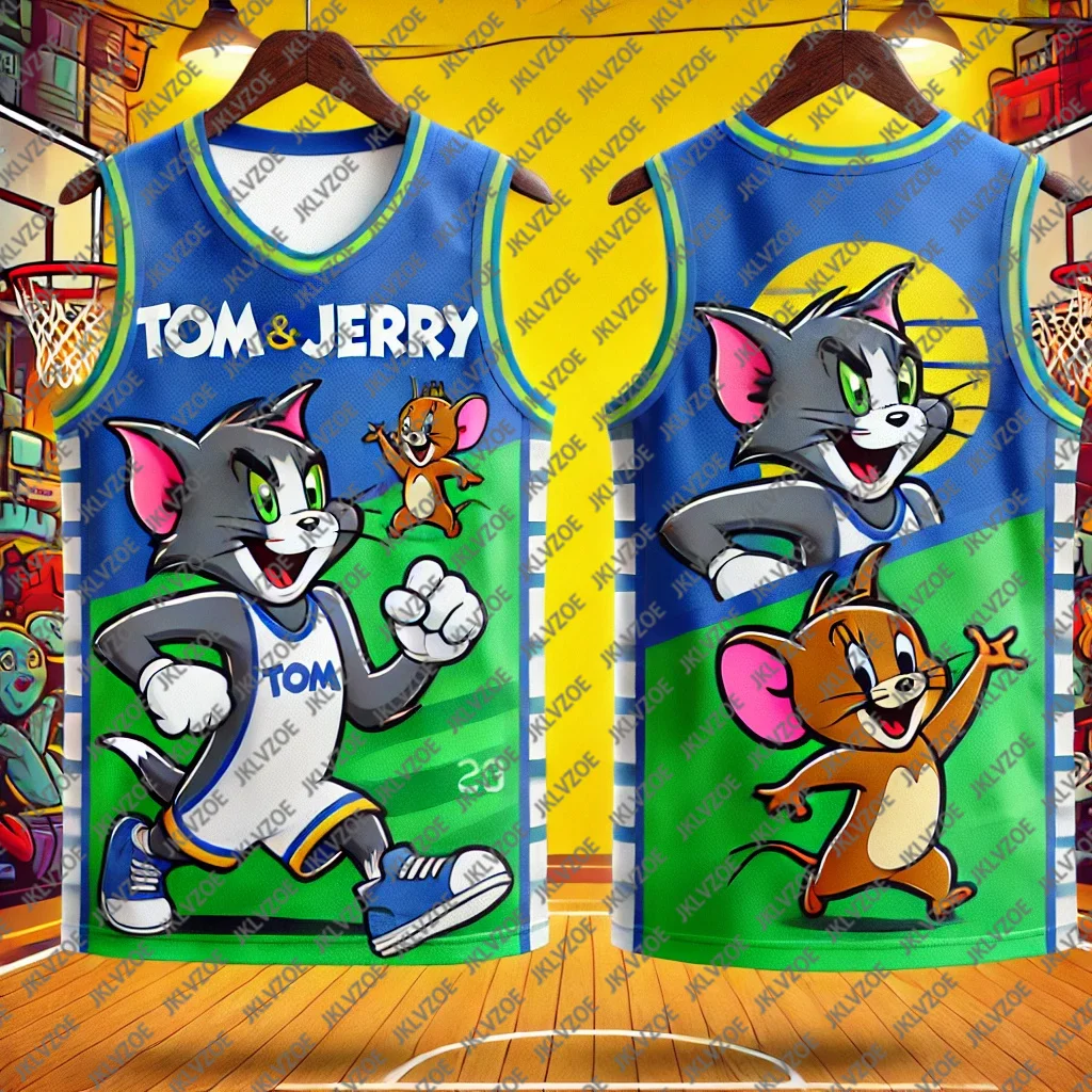 Men's And Women's Basketball Vests American Classic Anime Sports Quick Drying Vest Cat And Mouse Printed Round Neck T-Shirt children vest sportswear tshirt