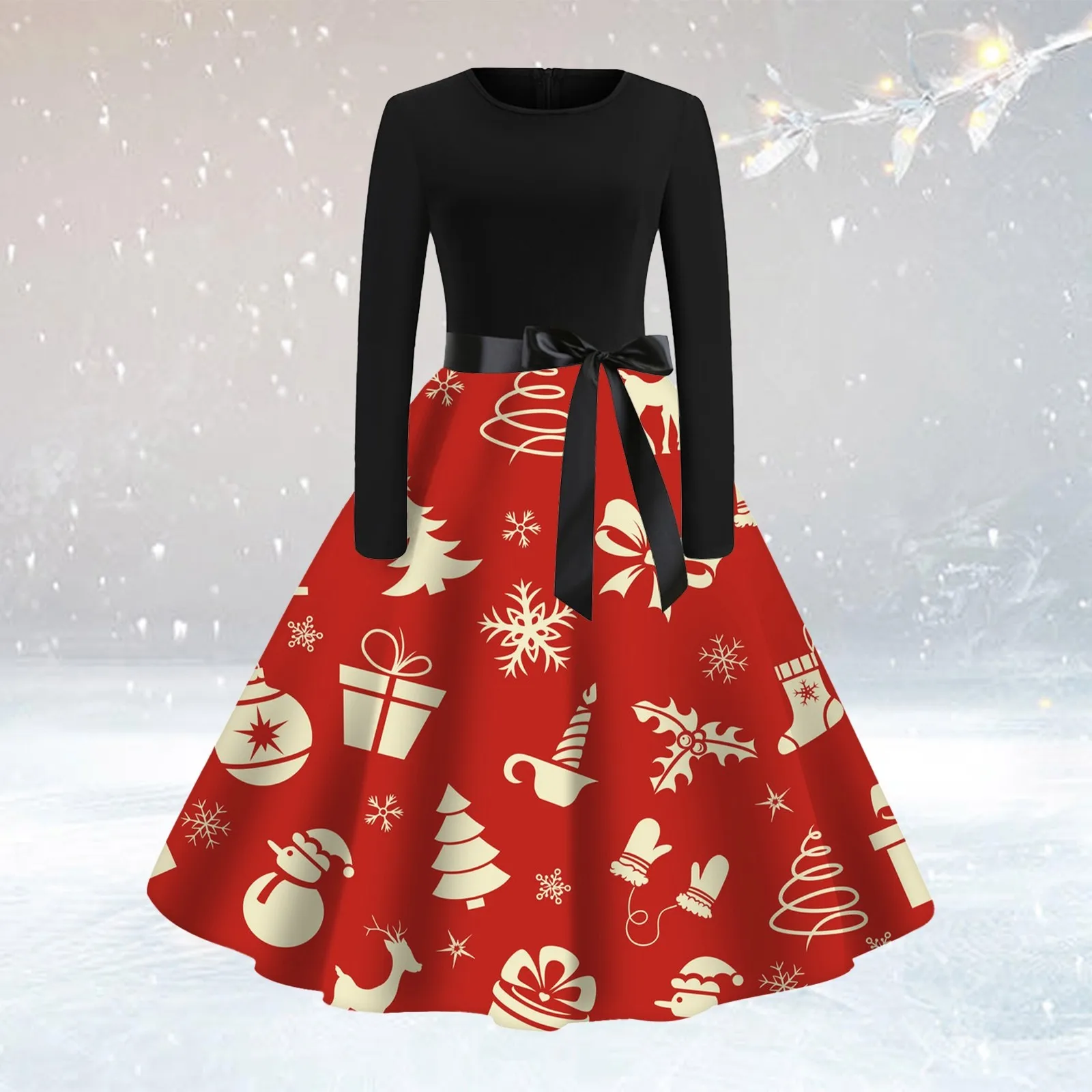 

Womens Christmas Classic Tea Dress Long Sleeve O Neck Dress With Belt Swing Cocktail Party Dress Sexy Dress Short for Women