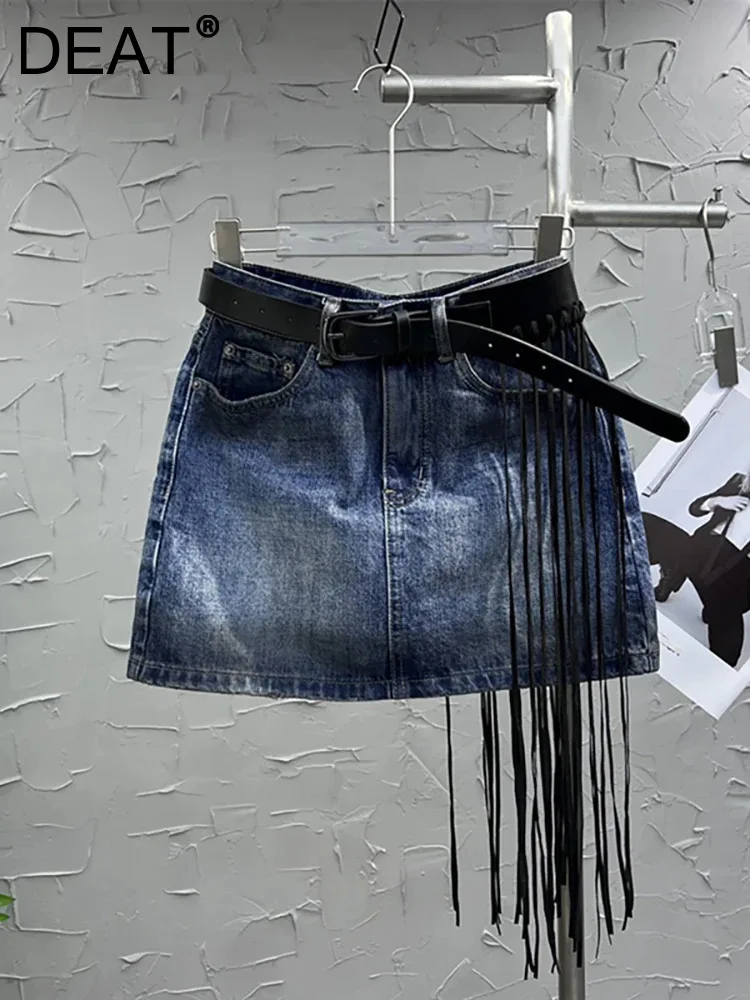 

DEAT Women's Denim Skirt High Waist Long Tassel Belt Cool Design Wrap Hip Washed Miniskirts 2023 Autumn New Fashion 29L4099