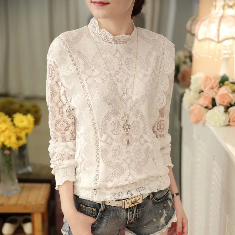 New Arrival 2025 Autumn Women Blouses Long Sleeve Fashion Casual Chiffon Shirts Stand Floral Lace Blouses Casaul Tops 07F 25